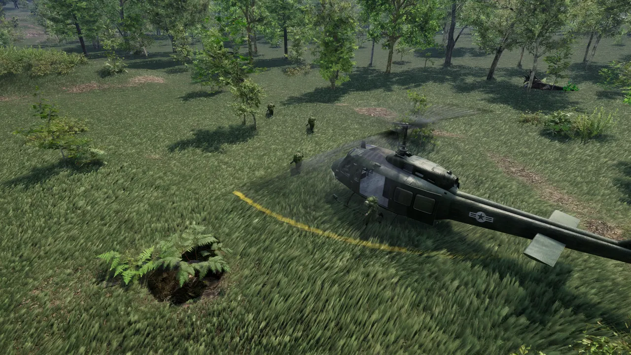Výsadek vojáků z vrtulníku Huey na mýtině ve hře Leave No One Behind