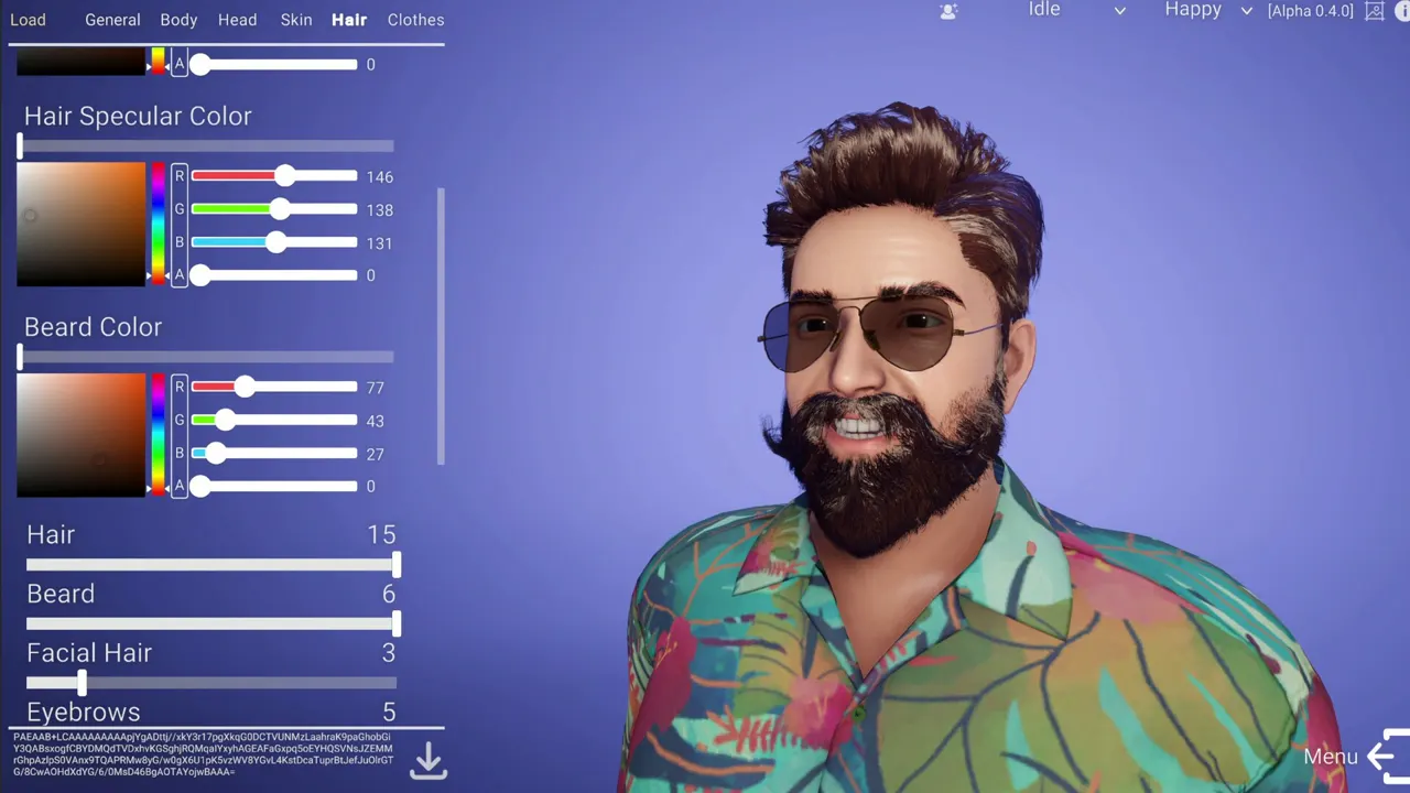 Editor postav ve hře Movies Tycoon: nastavení vlasů a vousů herce