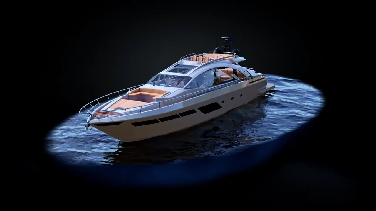 3D vizualizace motorové jachty na vodě z platformy iShowroom